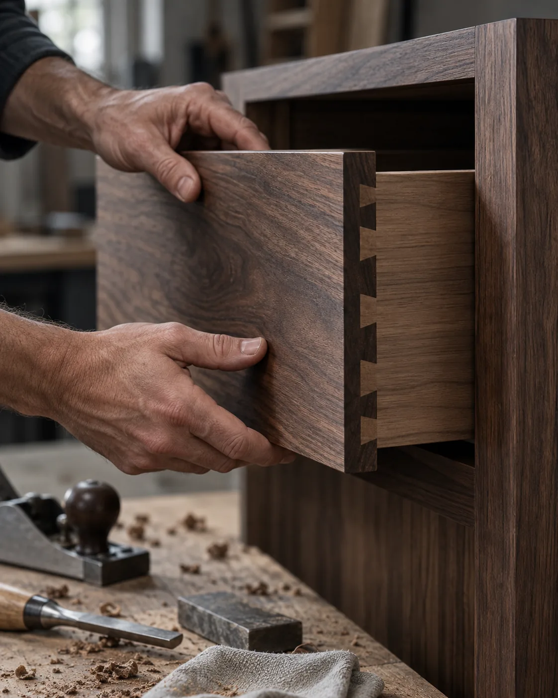 Hands fitting a precise walnut drawer joint