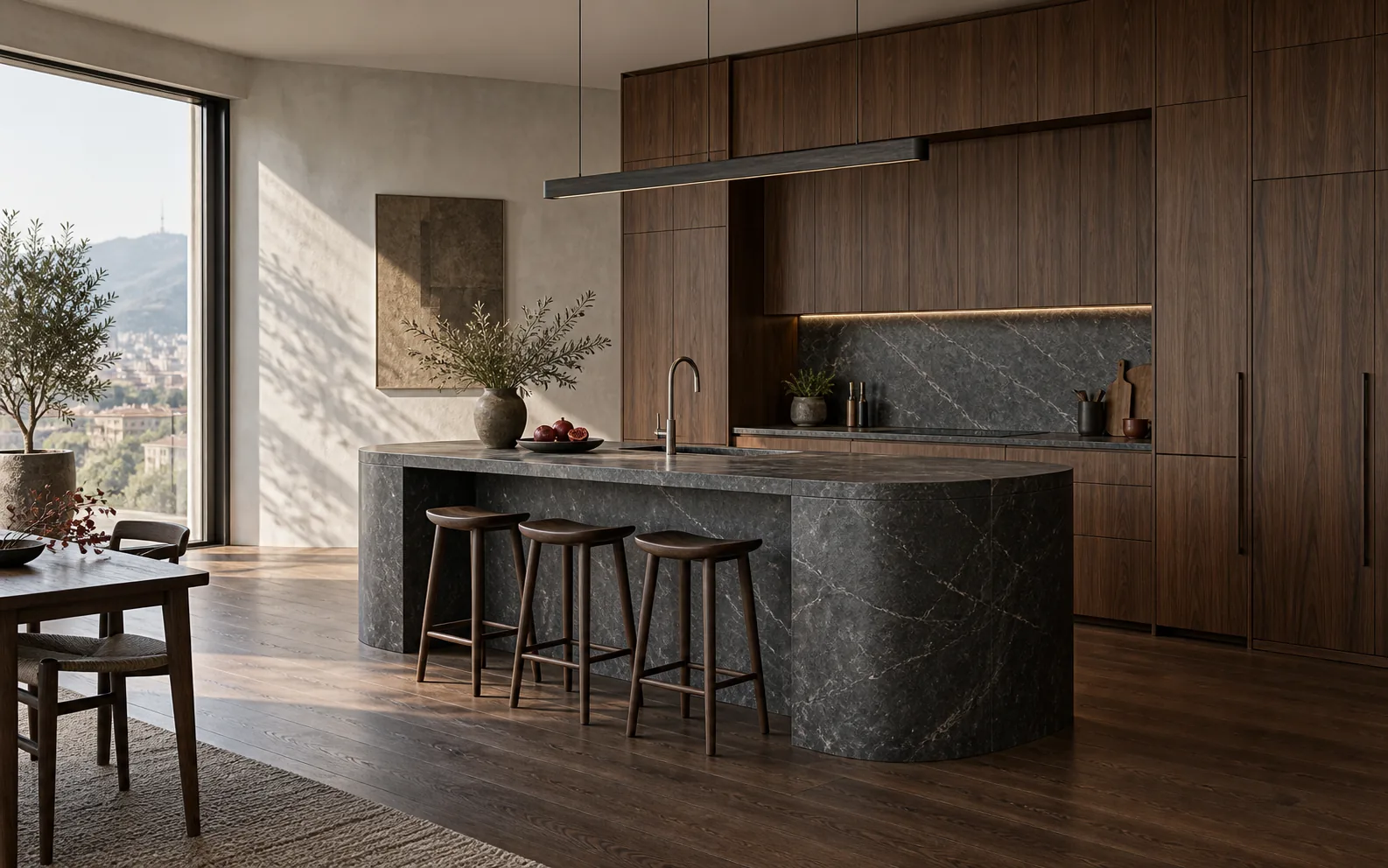 Made-to-order walnut kitchen with a dark stone island