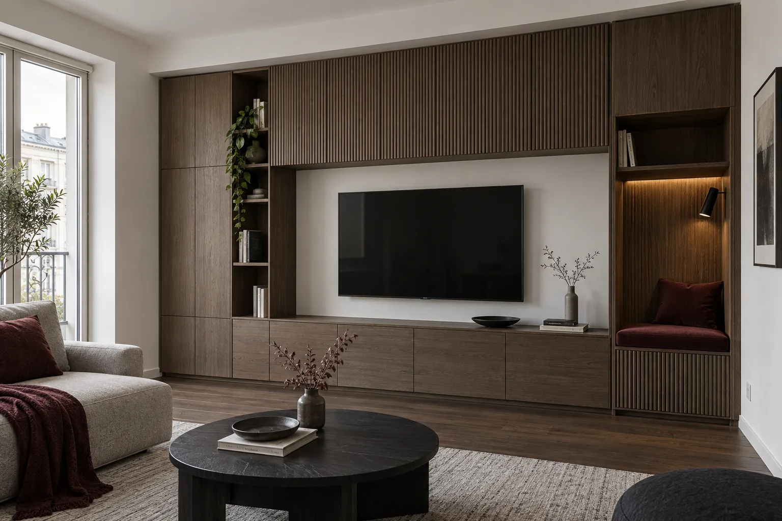 Wall-to-wall smoked oak cabinetry with a reading niche